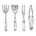 Baking Equipment or Barbeque Tools. Tongs for BBQ, Fork and Spatula. Isolated On a White Background. Realistic Doodle Cartoon Styl