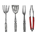 Baking Equipment or Barbeque Tools. Tongs for BBQ, Fork and Spatula. Isolated On a White Background. Realistic Doodle Cartoon Styl