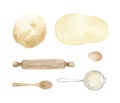 Baking equipment illustration - dough, wooden spoon, rolling pin, egg, sieve with flour