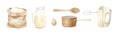 Baking equipment illustration - sack of flour, wooden spoon, egg, kitchen mixer