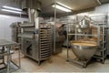 baking equipment on an industrial scale, with towering ovens and mixers