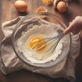 Baking essentials Eggs whisked in a bowl on rustic table Royalty Free Stock Photo