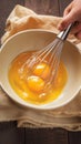 Baking essentials Eggs whisked in a bowl on rustic table Royalty Free Stock Photo