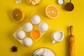 Baking flat lay background with eggs floor butter lemon sieve Royalty Free Stock Photo