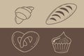 Baking icons set - fresh bread, croissant and pretzel with cake in doodle style
