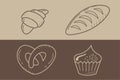 Baking icons set - fresh bread, croissant and pretzel with cake in doodle style