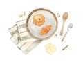 Baking illustration - plate with fresh pastry, croissant on a tea towel