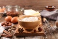 Baking ingredient with butter, flour, egg, chocolate- cake ingredient Royalty Free Stock Photo