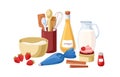 Baking ingredient, cooking utensil, kitchen tool composition. Bakery, confectionary stuff, food. Cupcake, milk in jug