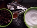 Time to bake closeup - baking ingredients chocolate and spilled sugar and