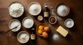 Baking Ingredients Arranged on a Wooden Surface with Vanilla Extract and Eggs Royalty Free Stock Photo