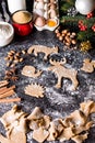 Baking ingredients for Christmas cookies gingerbread. Molds for baking, spices and decorations for Christmas. Royalty Free Stock Photo