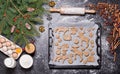 Baking ingredients for Christmas cookies gingerbread. Molds for baking, spices and decorations for Christmas. Royalty Free Stock Photo