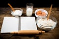 Baking ingredients and cook book on table Royalty Free Stock Photo