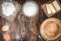 Baking ingredients for cooking chocolate waffles or cake. Bowl with sugar, eggs, flour, butter on dark wooden background. Royalty Free Stock Photo