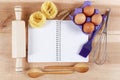 Baking ingredients for cooking and notebook for recipes. Royalty Free Stock Photo