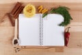 Baking ingredients for cooking and notebook for recipes. Royalty Free Stock Photo