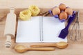 Baking ingredients for cooking and notebook for recipes. Royalty Free Stock Photo