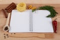 Baking ingredients for cooking and notebook for recipes. Royalty Free Stock Photo