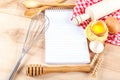 Baking ingredients for cooking and notebook for recipes. Royalty Free Stock Photo