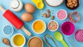 Ingredients for baking cake on blue table Royalty Free Stock Photo