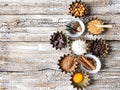 Baking ingredients: flour, brown sugar, egg, cocoa, almond, dark chocolate and spices on rustic wood background. Top view. Copy Royalty Free Stock Photo