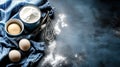 Baking ingredients, flour, eggs, whisk, kitchen, dark background, recipe Royalty Free Stock Photo