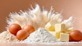Baking ingredients with flour splash including eggs, butter and different types of flour, close-up Royalty Free Stock Photo