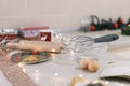 Baking ingredients on kitchen table with rolling pin Royalty Free Stock Photo