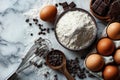 Baking Ingredients on Marble Flour Eggs and Chocolate Preparation Royalty Free Stock Photo