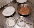 Baking Ingredients Preparations In Stainless Steel Bowls.