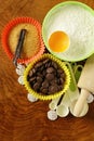 Baking ingredients (sugar, vanilla, flour, egg, chocolate) Royalty Free Stock Photo