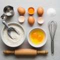 Baking ingredients and tools are arranged on a light gray surface. Items include three Royalty Free Stock Photo