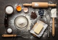 Eggshells, sugar, a stick of butter on parchment, vanilla extract, Royalty Free Stock Photo