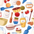 Baking ingredients, utensils pattern. Seamless background, bakery and confectionery accessories. Culinary repeating