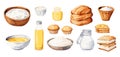 Baking ingredients watercolor style elements. Flour and sugar in bowls, oil and salt. Isolated bread and cupcakes