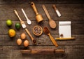 Baking ingredients on a wooden table with copy space. Flour, eggs, sugar, lime. anise stars with a rolling pin. Flat lay
