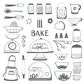 Baking kitchen icon illustration set. Vector black and white outlines.