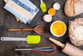 Baking kitchen utensils on vintage planked wood table from above Royalty Free Stock Photo