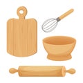 Baking kitchen wooden utensils. Bowl, desk, rolling pin in cartoon style isolated on white background. Vector