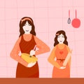 Baking lesson in flat style, cute woman and kid cooking together, family bakery concept, indoor family activity