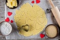 Baking love heart cookies for Valentine day. Top view