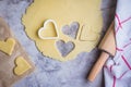 Baking love heart cookies for Valentine day. Top view Royalty Free Stock Photo