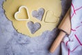 Baking love heart cookies for Valentine day. Top view Royalty Free Stock Photo