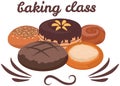 Baking masterclass emblem, culinary school design with decorated pies, flour products, buns, cakes