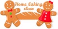 Baking masterclass emblem design with gingerbread men. Christmas sign template, bakery school