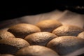 Close-up of pan of whole wheat vegan buns rising in oven before baking