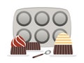 Baking pans for cupcakes and cupcake in plate, flat vector illustration background