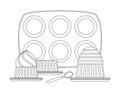 Baking pans for cupcakes and cupcake in plate, flat vector illustration, outline black white background