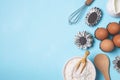 Baking pastry background, ingredients, kitchen utensils on light blue background, flat lay Royalty Free Stock Photo